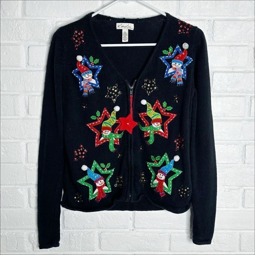 Vintage Christmas Sweater Kim Rogers Snowman‎ Stars Snowflakes size Petite Small